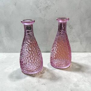 2 Pink Hammered Glass Bud Vases | Decorative Bottles | 7”
